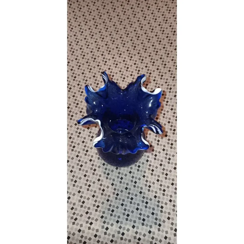 Vintage Deep Cobalt Blue Vase with Scalloped Crimped Ruffled Top Edge 8”